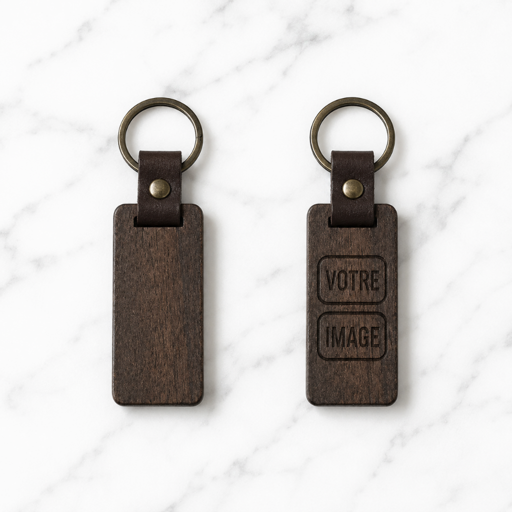 Porte-clés bois foncé + cuir (variante) — Gravure