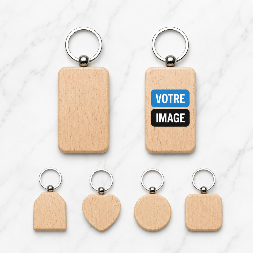 Porte-clés bois clair (5 formes) — UV DTF