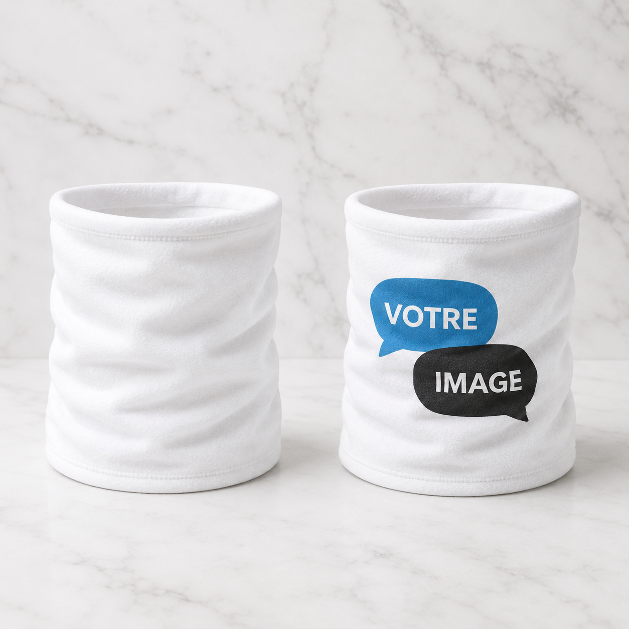 Cache-cou en polar personnalisé — avant et après personnalisation