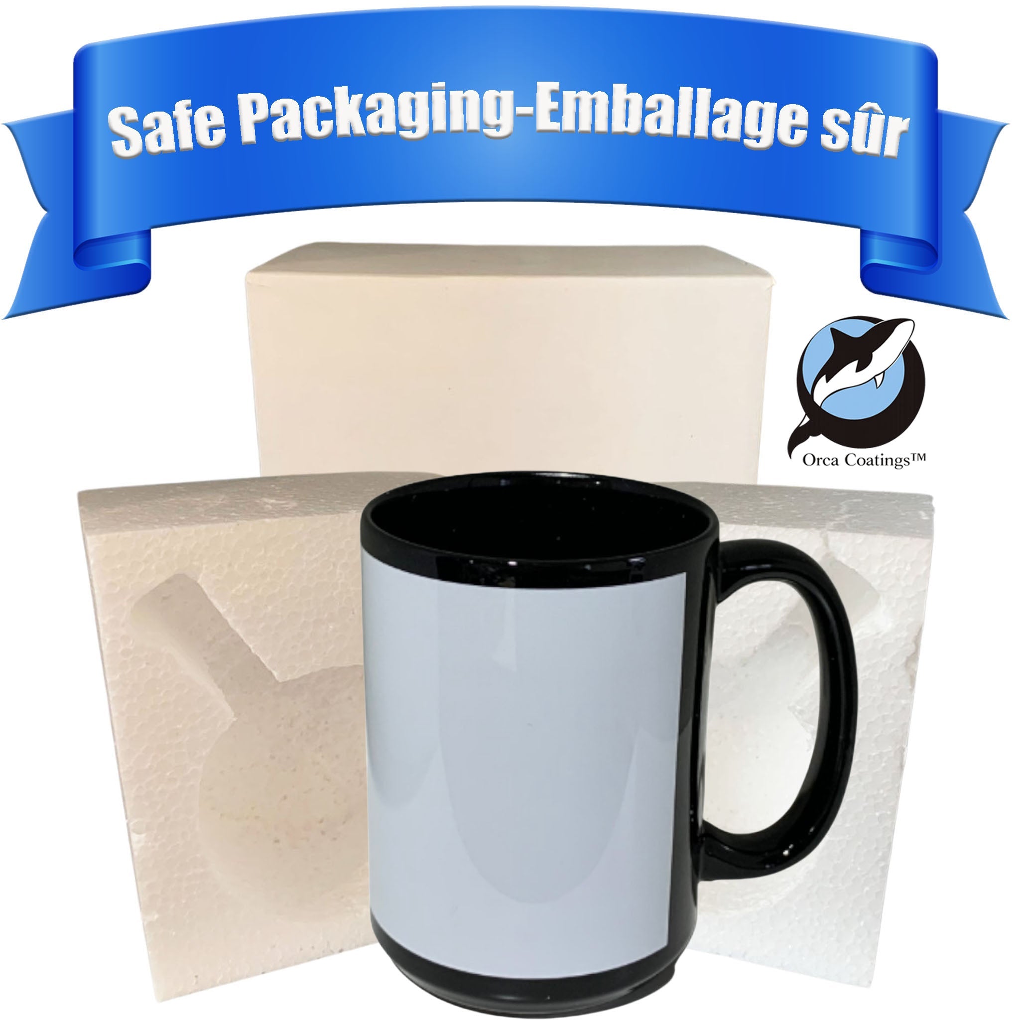 Tasse 15oz noire à bande blanche à personnaliser