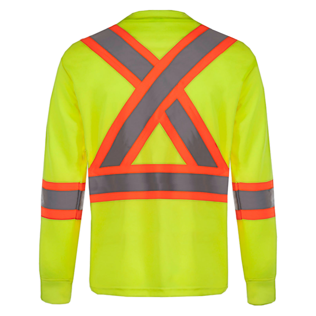 Chandail manches longues CX2 Beacon jaune haute visibilité, vue de dos avec bandes réfléchissantes en X