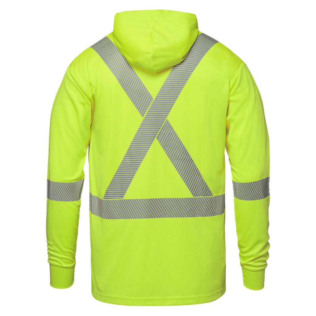Chandail à capuchon CX2 GLOW jaune fluo, vue de dos avec bandes réfléchissantes segmentées en X