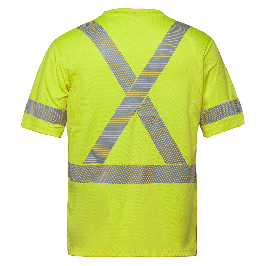 T-shirt CX2 LUMEN jaune fluo, vue de dos avec bandes réfléchissantes segmentées en X