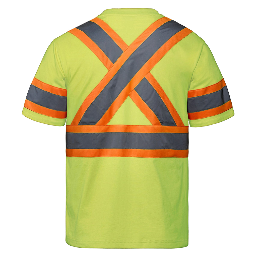 T-shirt en coton CX2 Optimum jaune haute visibilité, vue de dos avec bandes réfléchissantes en X