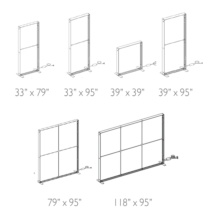 Les formats offerts du Sego, de 33 x 79 po à 118 x 95 po