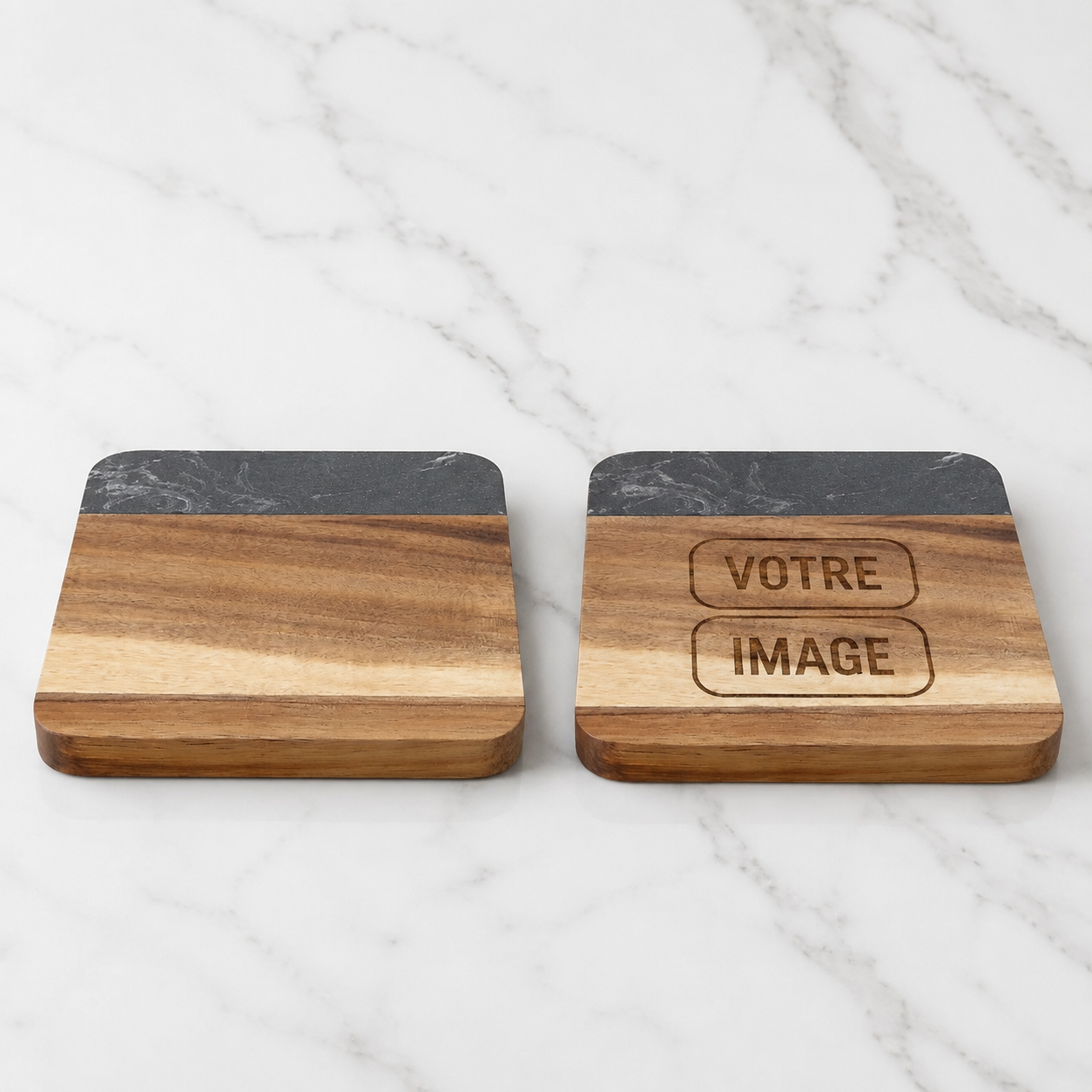 Sous-verre bois et marbre gravé (carré)