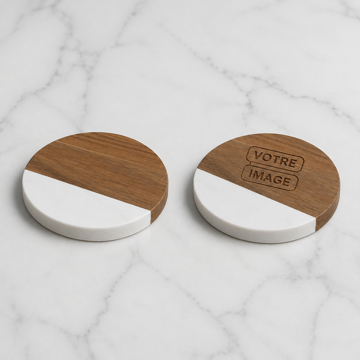 Sous-verre bois et marbre gravé (rond)