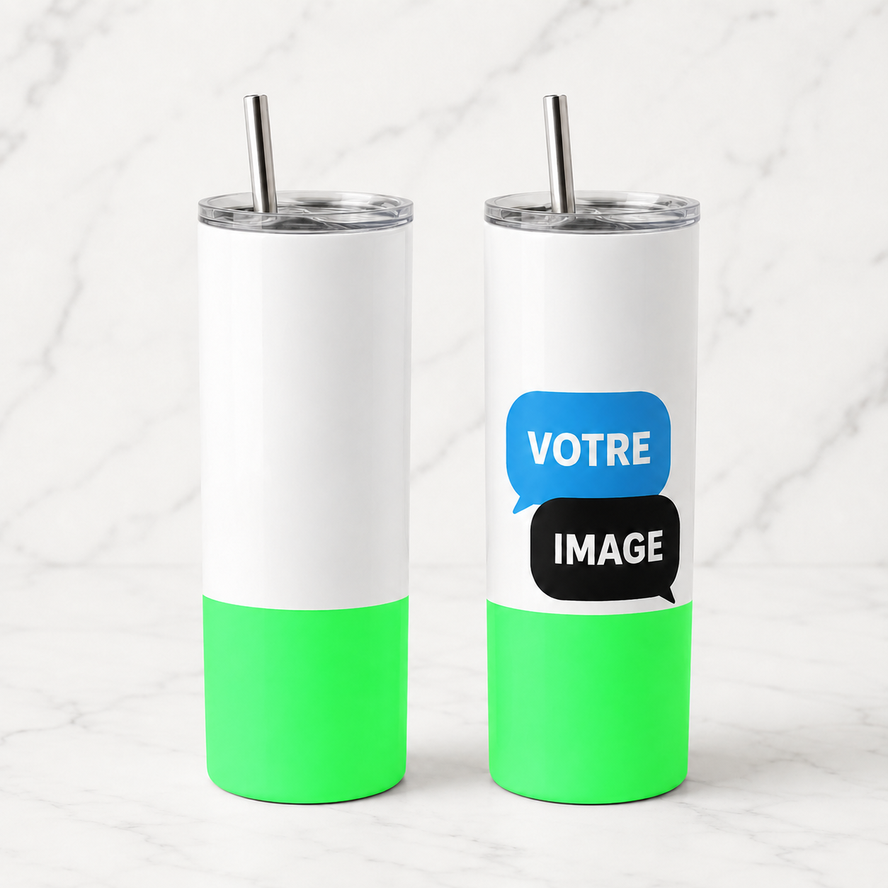 Tumbler isotherme bicolore personnalisé blanc/vert - avant/après VOTRE IMAGE