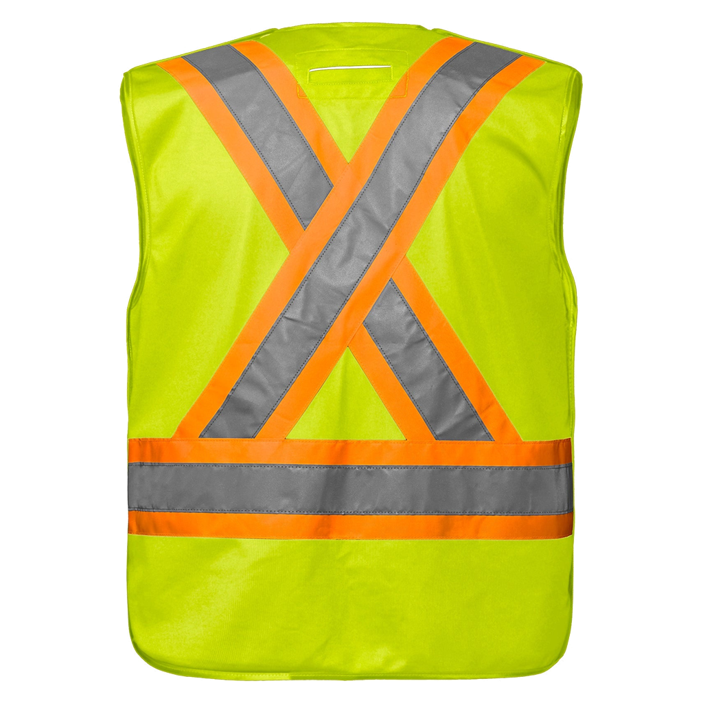 Veste de sécurité CX2 Vanguard jaune haute visibilité, vue de dos avec bandes réfléchissantes en X